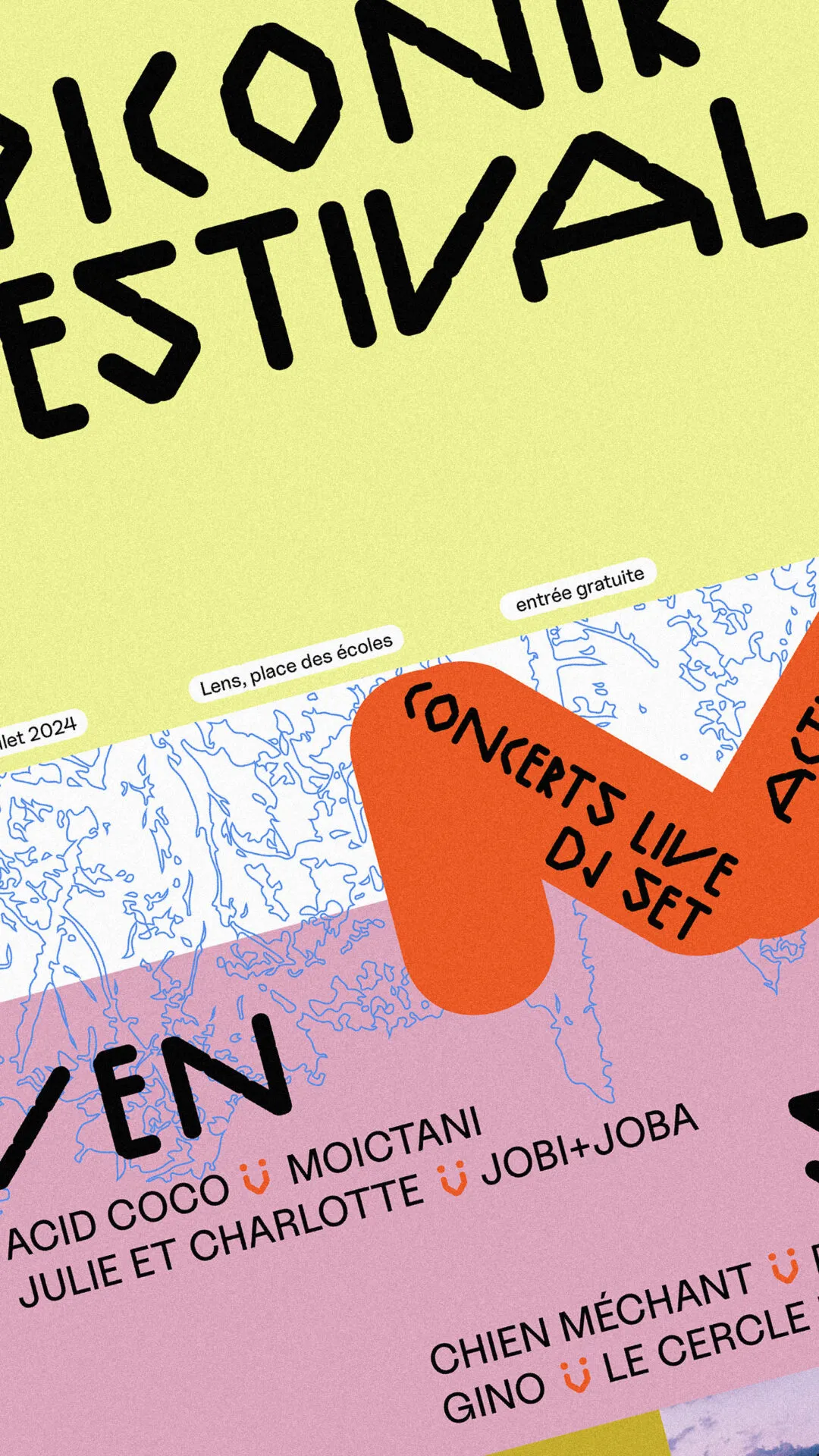 Affiche de l’Epiconik Festival, jaune, orange et rose, avec la programmation