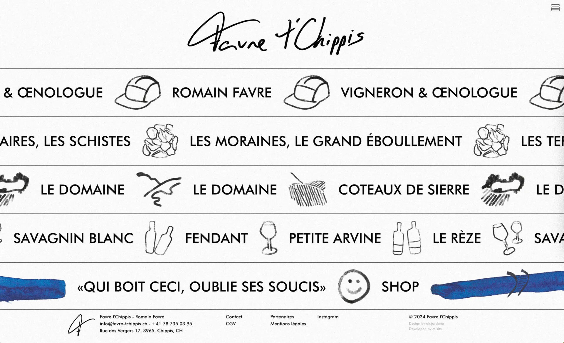 Page d’accueil du site de Favre T’Chippis : lignes de mots et de dessins à l’encre